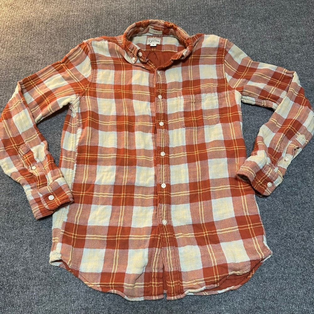 J.Crew Slim Fit Plaid Flannel Button Down Shirt Orange Cream Mens Small
